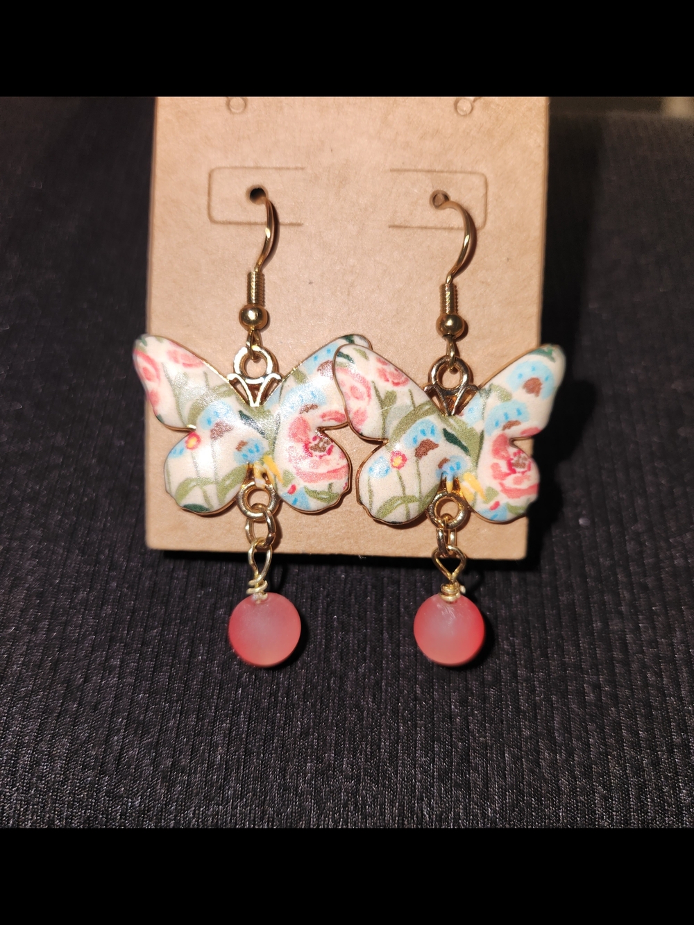 Floral Butterfly Drop Earrings with Pink Bead Accent